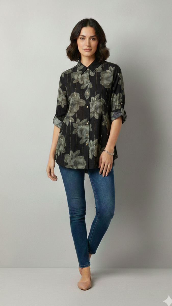 Beautiful Rhinestone Embedded Floral Print Shirt FC2203