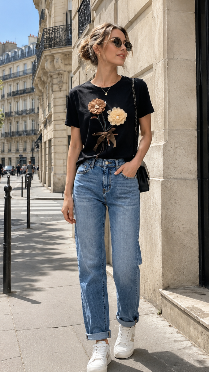 Beautiful Bouquet Embedded Half Sleeve T-Shirt FC2471