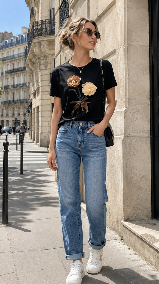 Beautiful Bouquet Embedded Half Sleeve T-Shirt FC2471