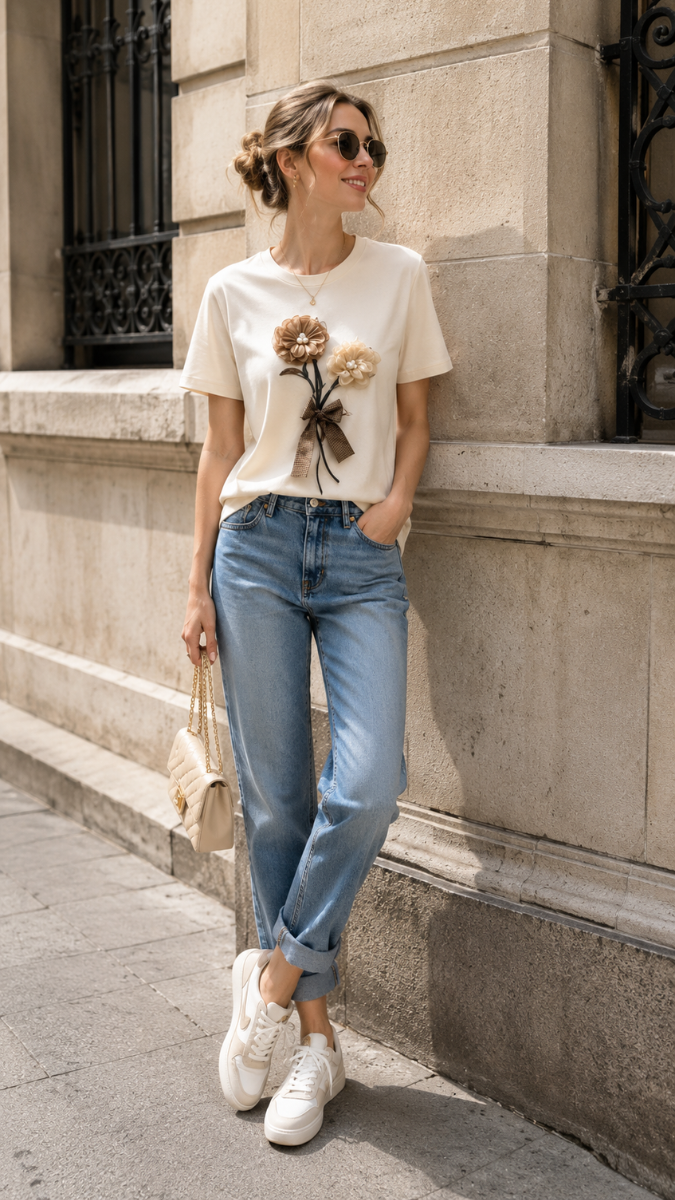 Beautiful Bouquet Embedded Half Sleeve T-Shirt FC2471