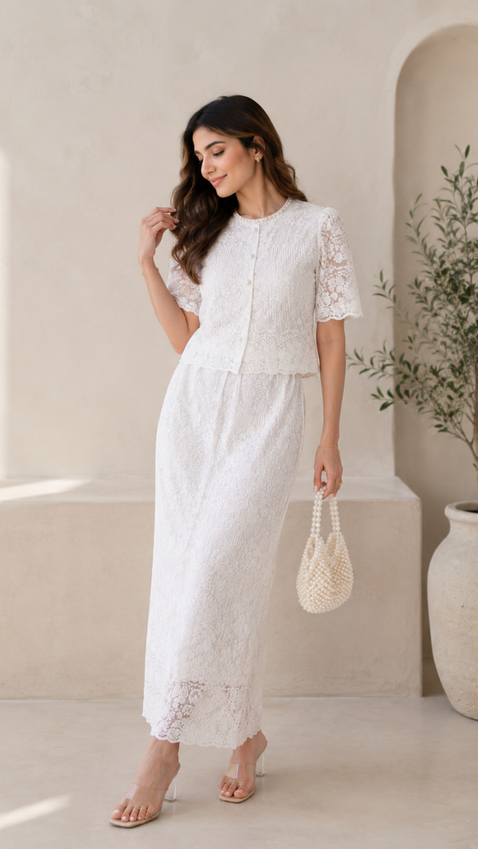 Beautiful Stone Neckline Top With Skirt Set FC2499