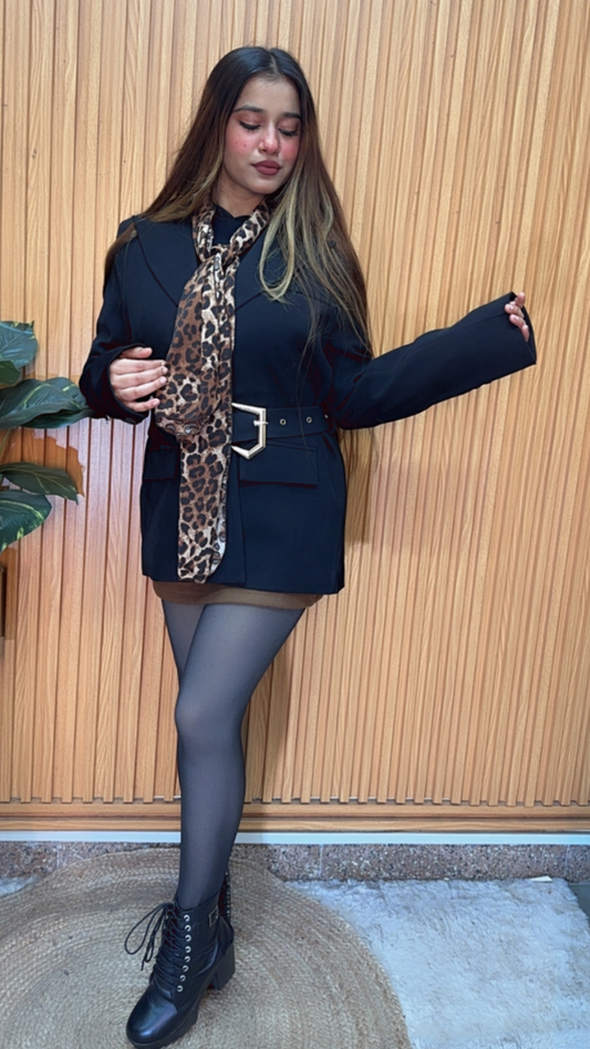 Belted Blazer With Leopard Printed Scarf FC2089