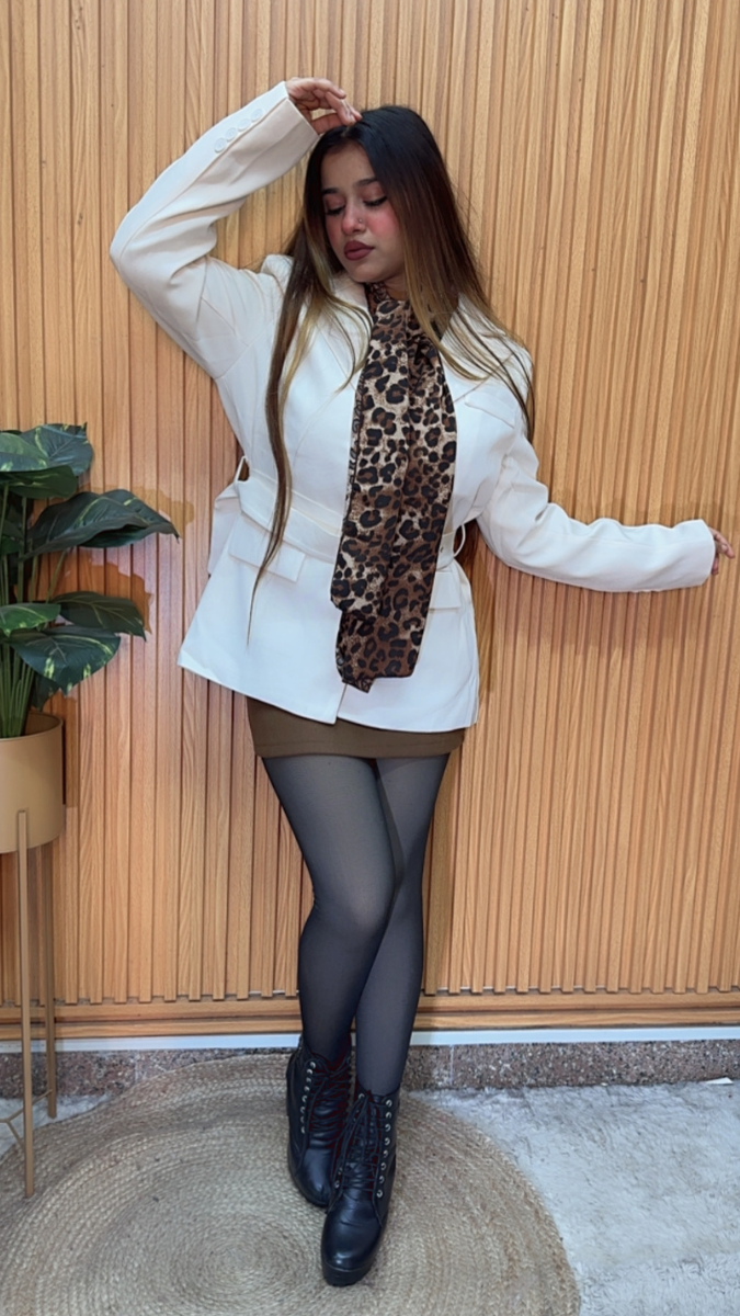 Belted Blazer With Leopard Printed Scarf FC2089