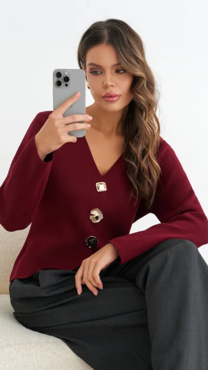 Big Buttoned V Neck Woolen Top FC1973