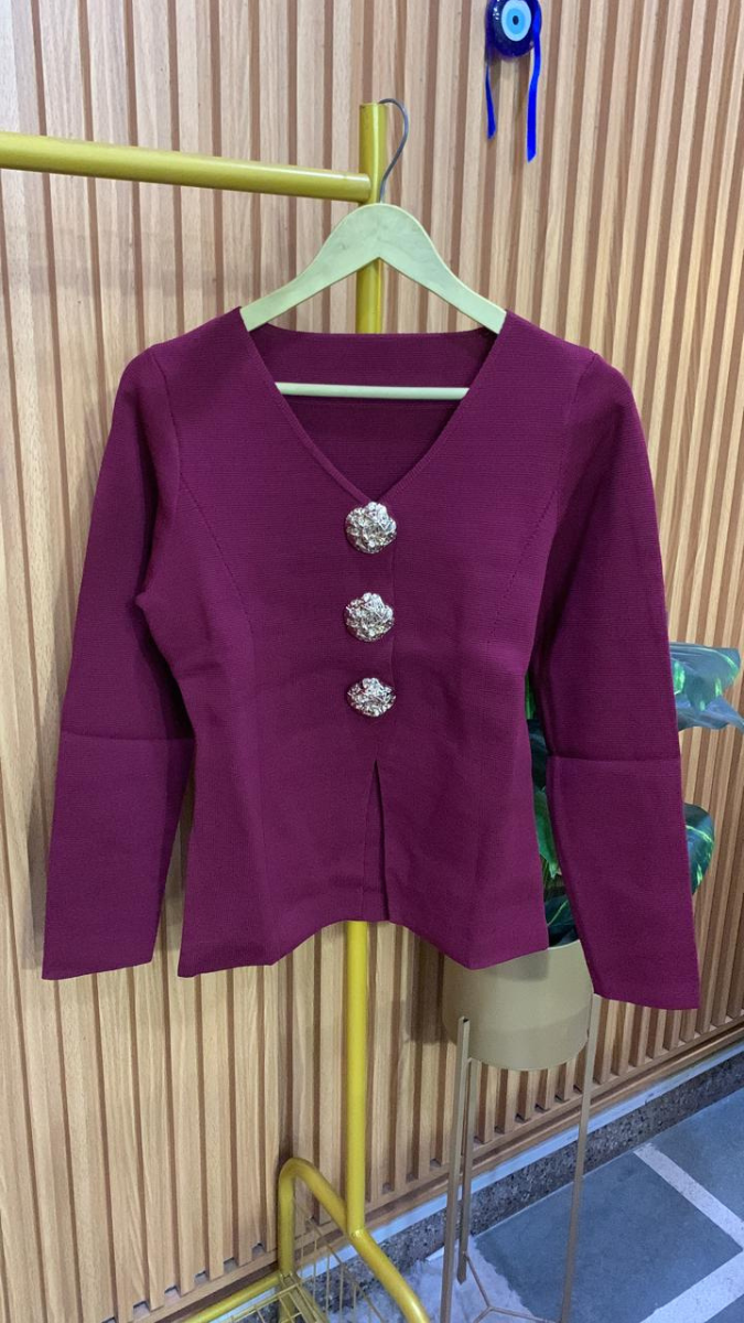 Big Buttoned V Neck Woolen Top FC1973