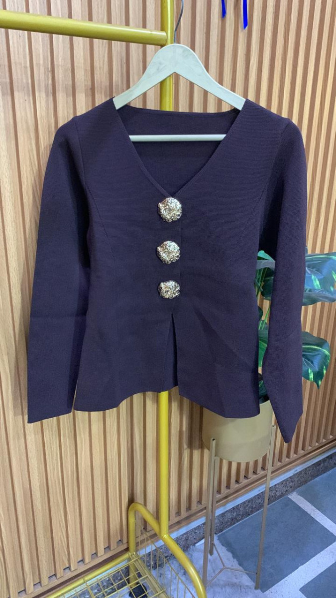 Big Buttoned V Neck Woolen Top FC1973