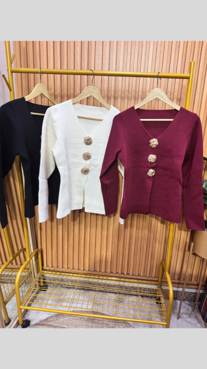 Big Buttoned V Neck Woolen Top FC1973