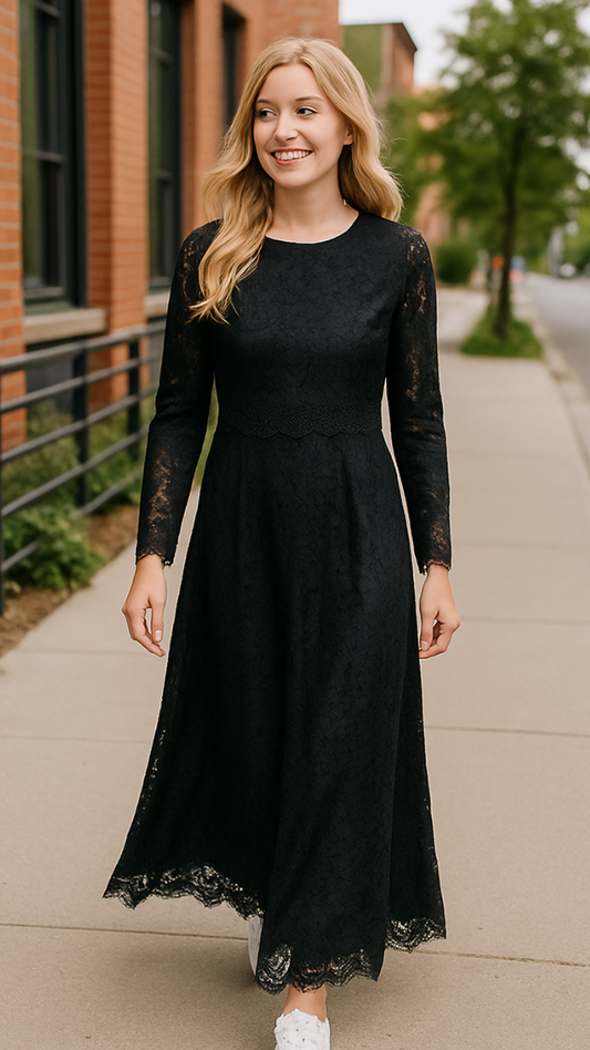 Black Belt Designed Lace Dress FC1832