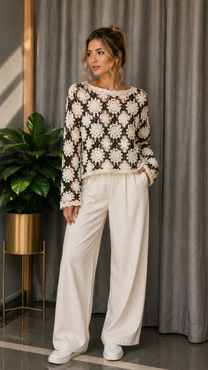Boat Neck See Through Cutout Collar Top With Inner FC2582