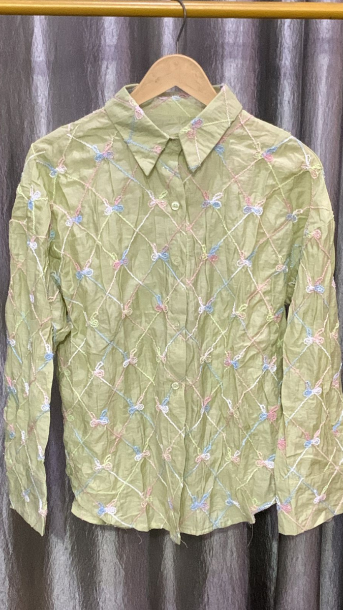 Bow Embedded Check Embroidery Shirt FC2153