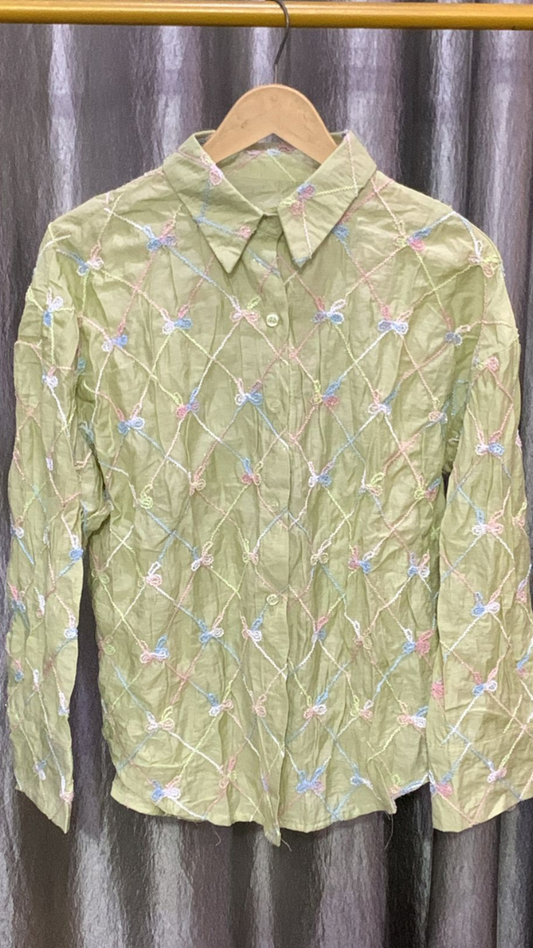 Bow Embedded Check Embroidery Shirt FC2153