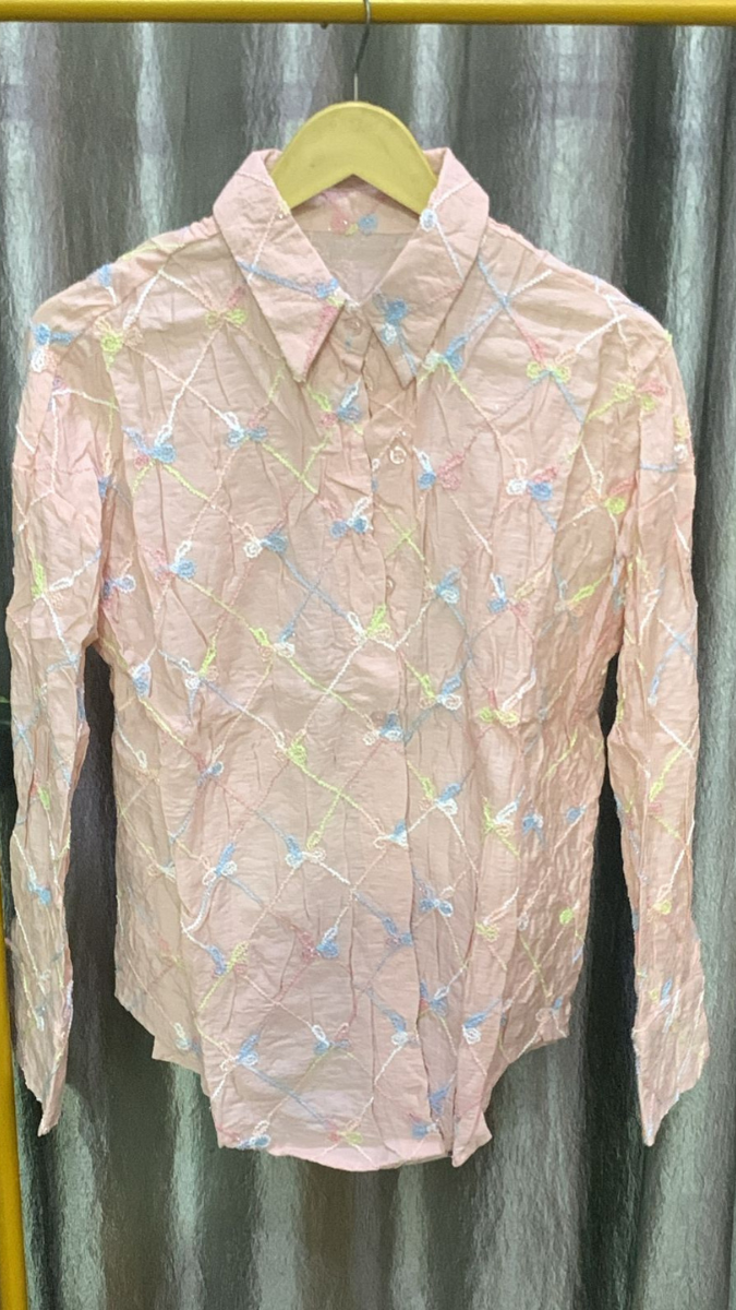 Bow Embedded Check Embroidery Shirt FC2153