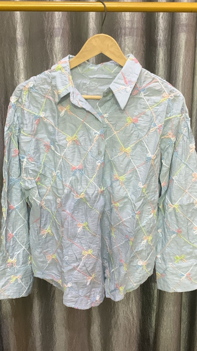 Bow Embedded Check Embroidery Shirt FC2153