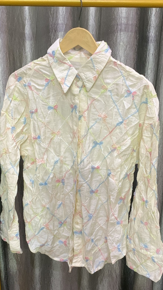 Bow Embedded Check Embroidery Shirt FC2153