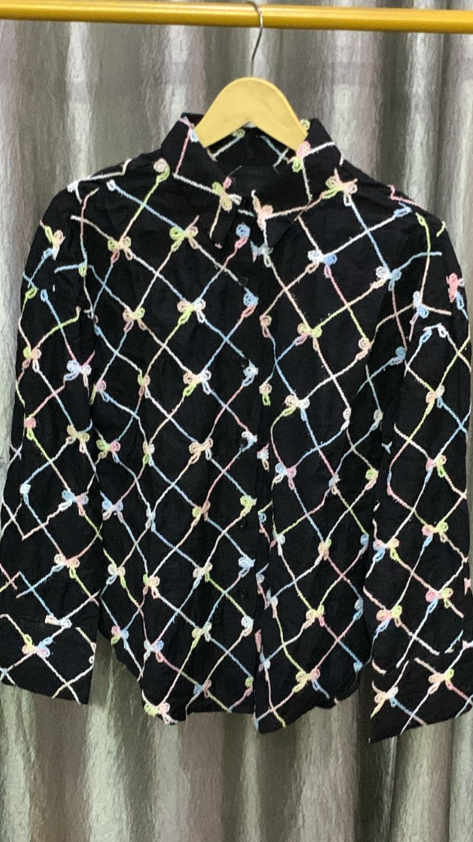 Bow Embedded Check Embroidery Shirt FC2153