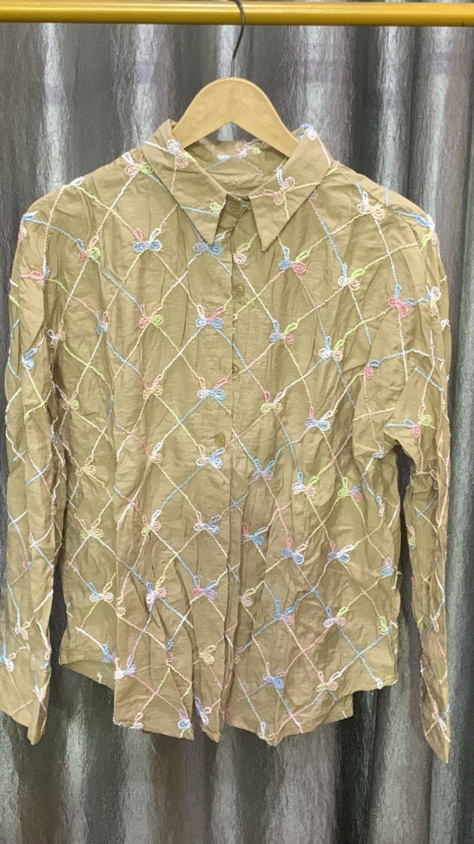 Bow Embedded Check Embroidery Shirt FC2153