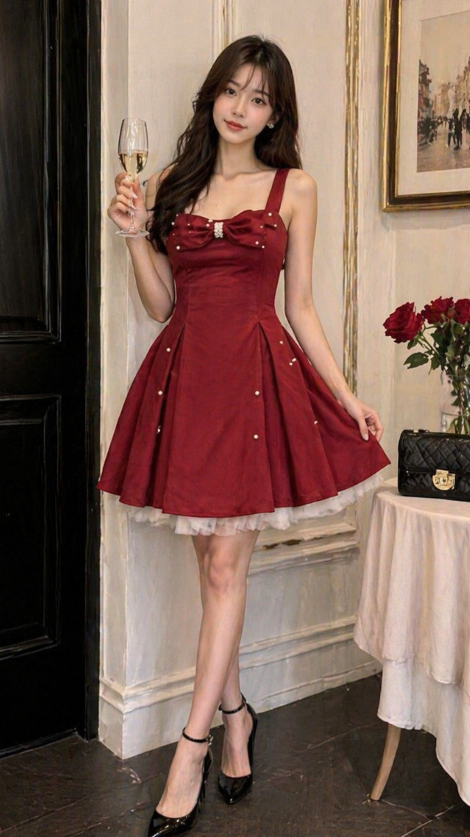 Bow Embedded With Pearl Mini Dress FC2424