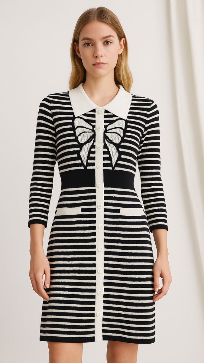 Bow Designed Full Sleeve Black Strip Dress FC1867