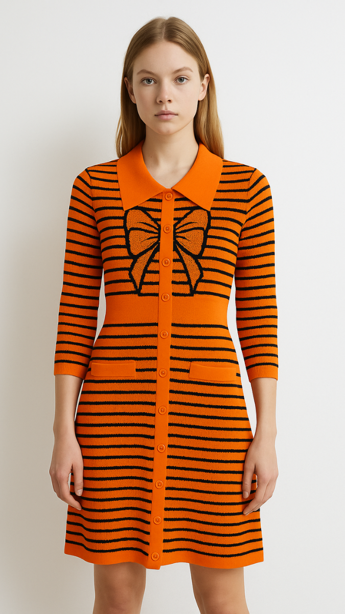 Bow Designed Full Sleeve Black Strip Dress FC1867