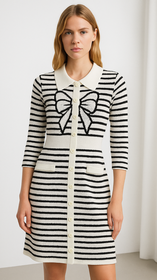 Bow Designed Full Sleeve Black Strip Dress FC1867