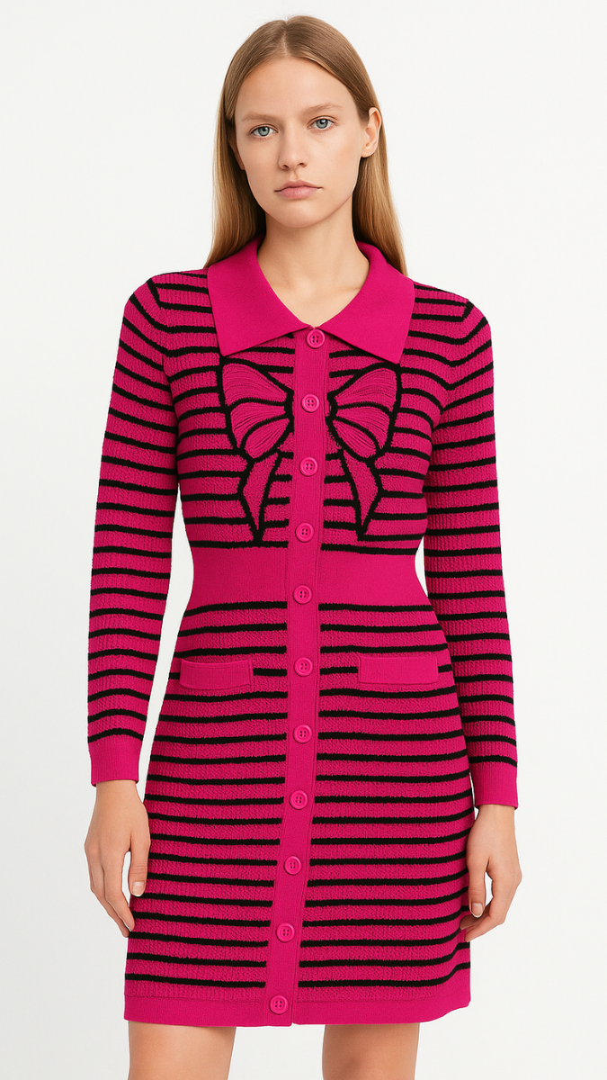 Bow Designed Full Sleeve Black Strip Dress FC1867