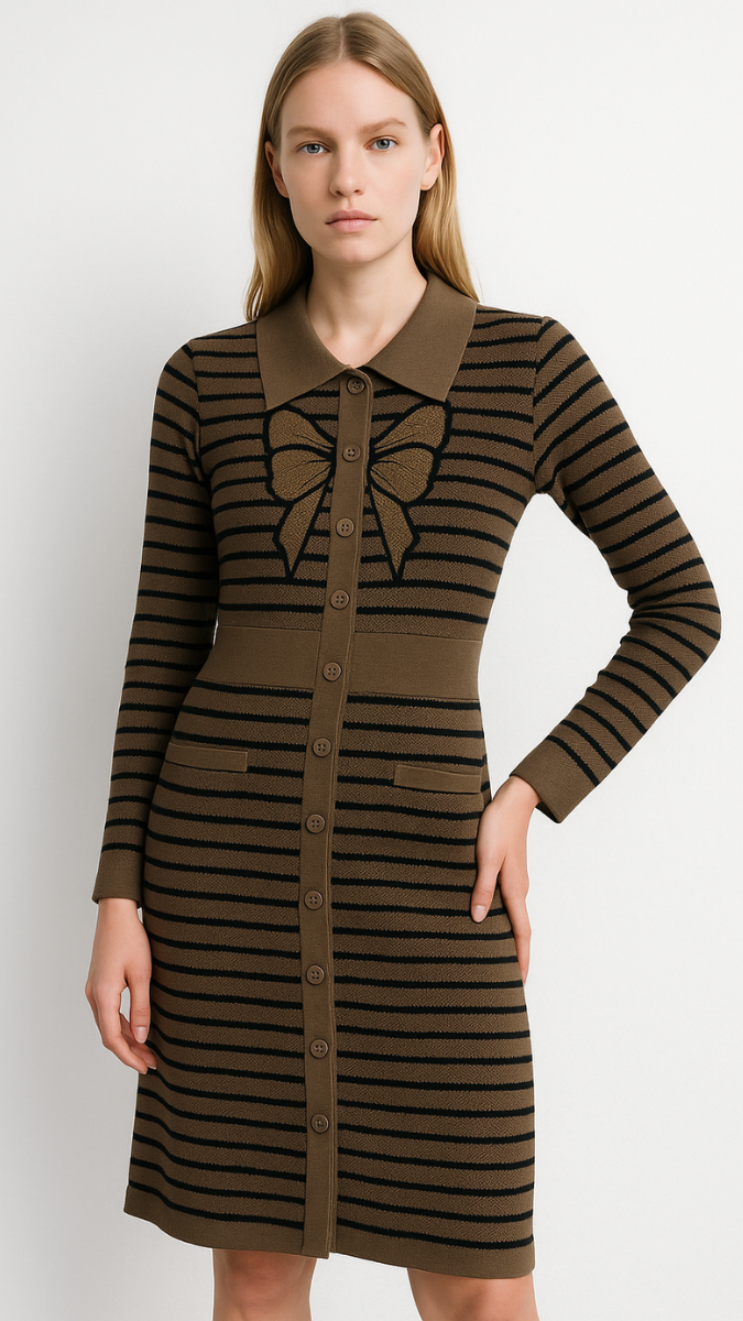 Bow Designed Full Sleeve Black Strip Dress FC1867