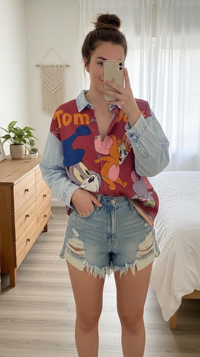 Cartoon Printed Denim Shirt FC2129