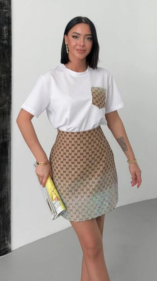 Checked Skirt And T-Shirt Mini Skirt Set FC1919