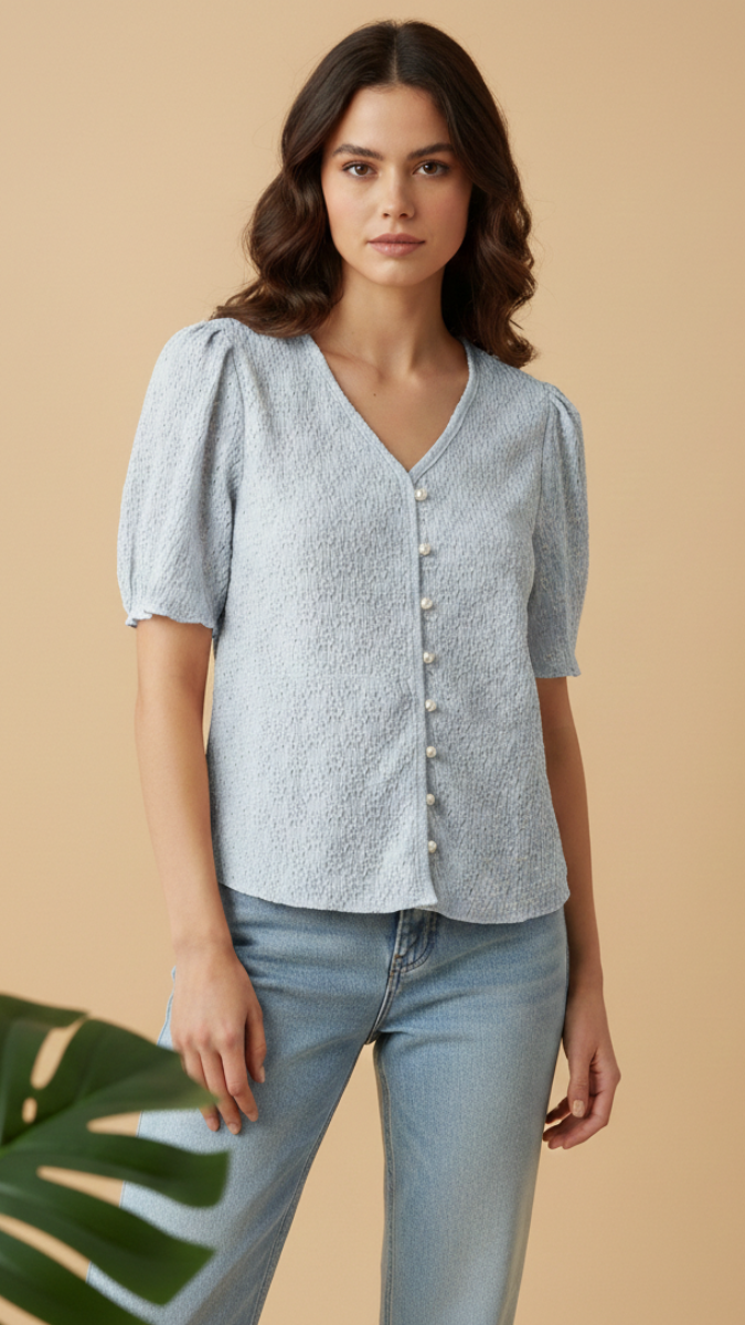 Checked V-Neck Puff Sleeve Crop Top FC2199