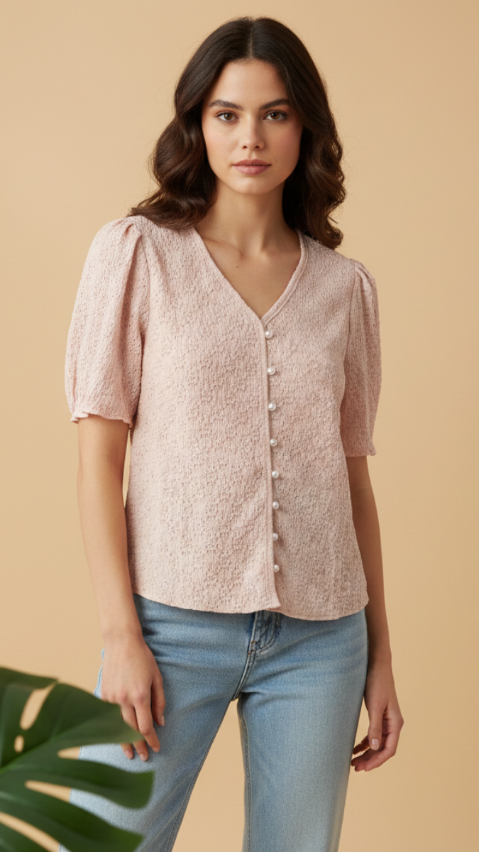 Checked V-Neck Puff Sleeve Crop Top FC2199