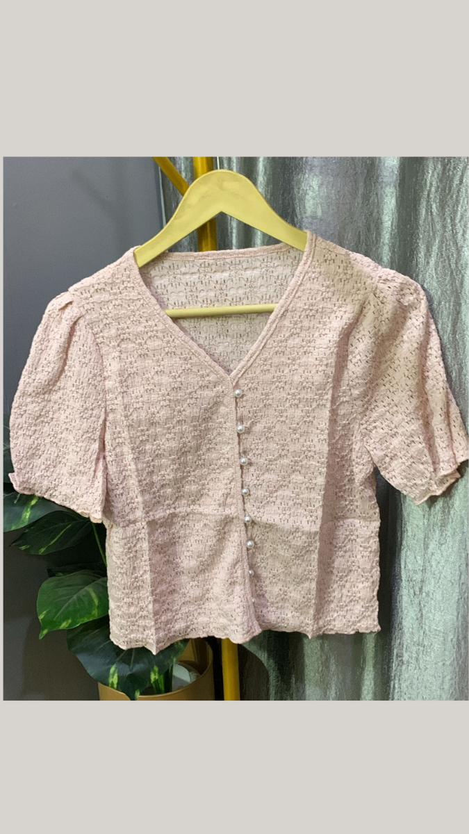 Checked V-Neck Puff Sleeve Crop Top FC2199