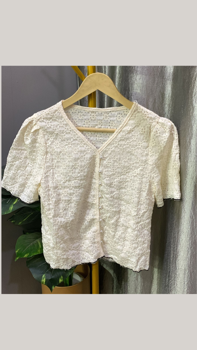 Checked V-Neck Puff Sleeve Crop Top FC2199