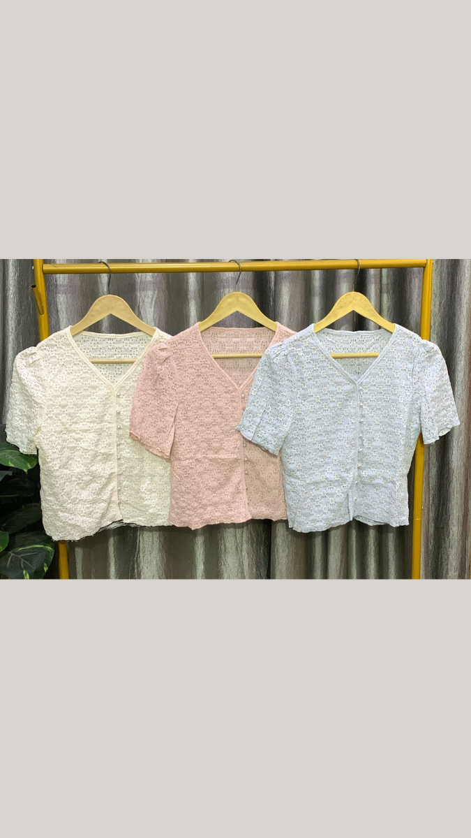 Checked V-Neck Puff Sleeve Crop Top FC2199