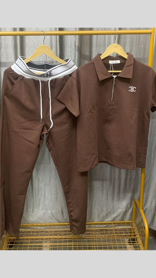 Collared Neck Half Sleeve Top With Elastic Waist Pant Coord Set FC2482