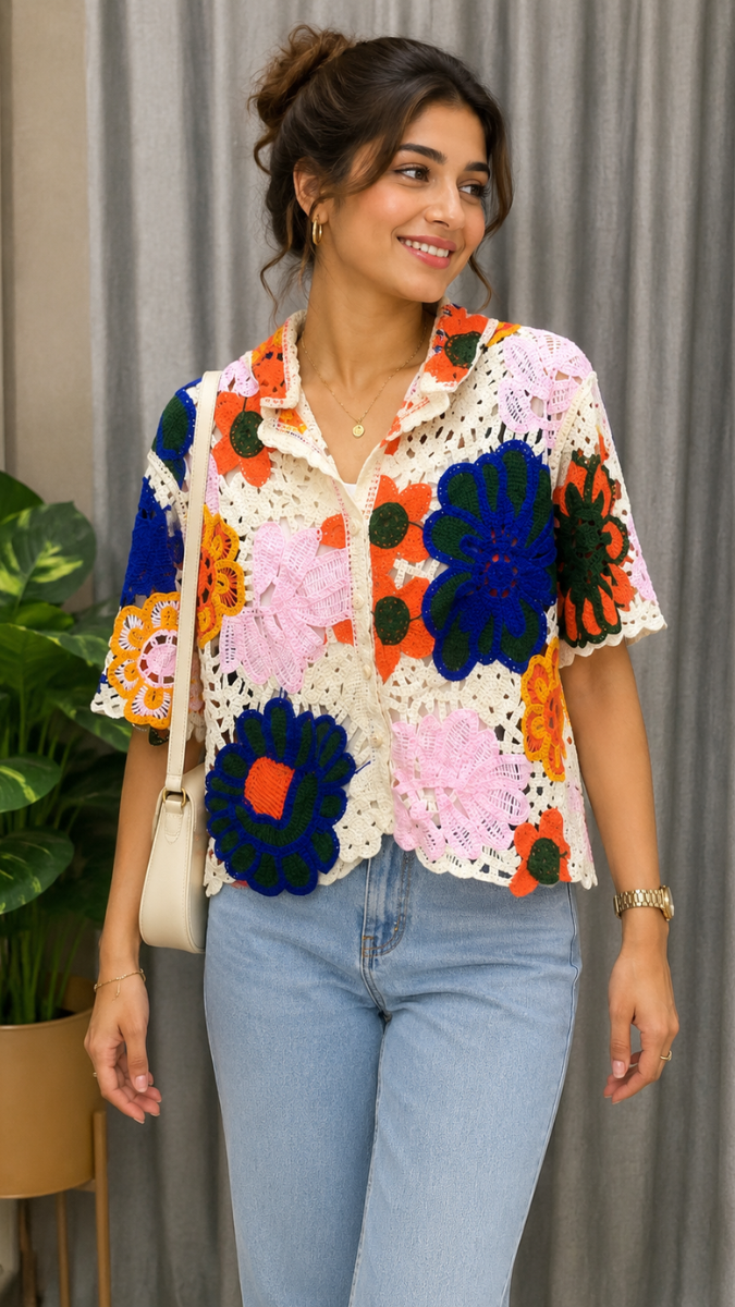 Colorful See Through Half Sleeve Shirt FC2596