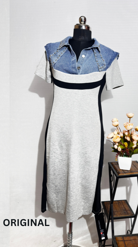 Comfy Hosiery Dress With Denim Patch