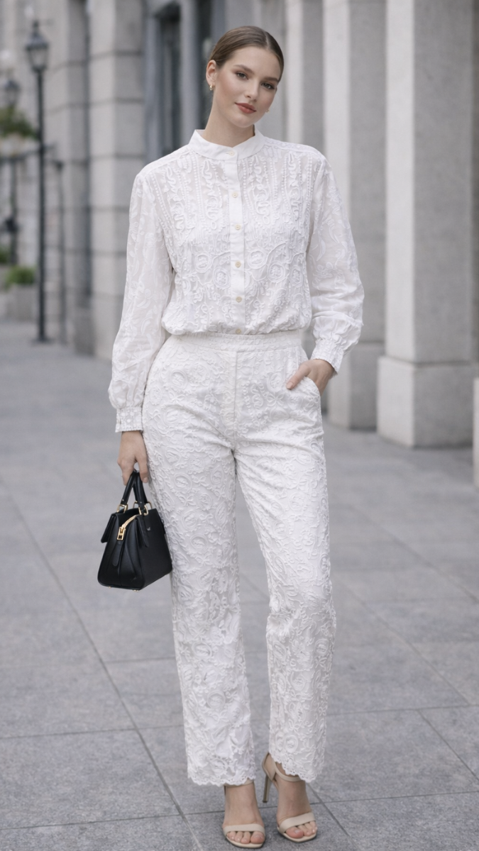 Crochet Balloon Sleeve High Collar Top And Pant Coord Set FC2248