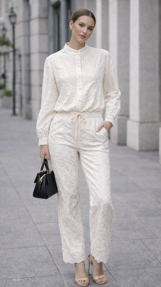 Crochet Balloon Sleeve High Collar Top And Pant Coord Set FC2248