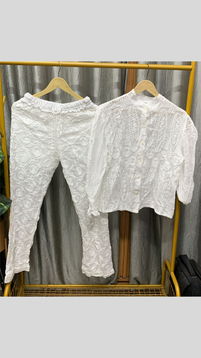 Crochet Balloon Sleeve High Collar Top And Pant Coord Set FC2248