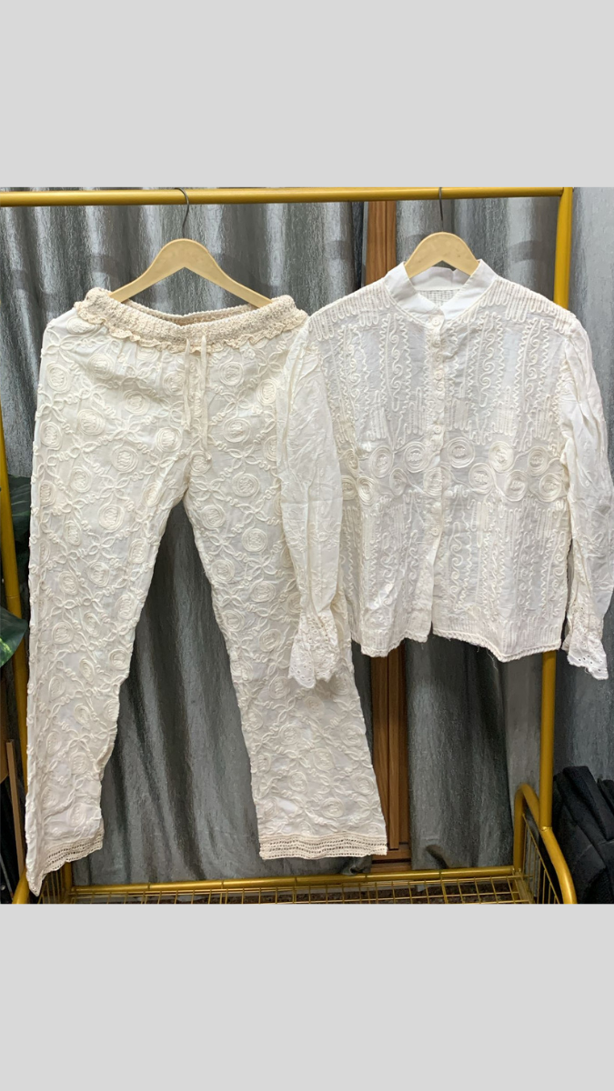 Crochet Balloon Sleeve High Collar Top And Pant Coord Set FC2248