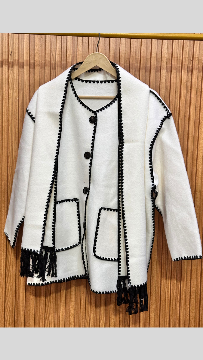 Crochet Border Two Pockets Coat With Scarf FC1992