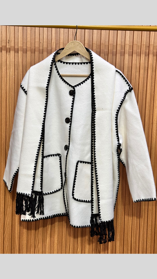 Crochet Border Two Pockets Coat With Scarf FC1992