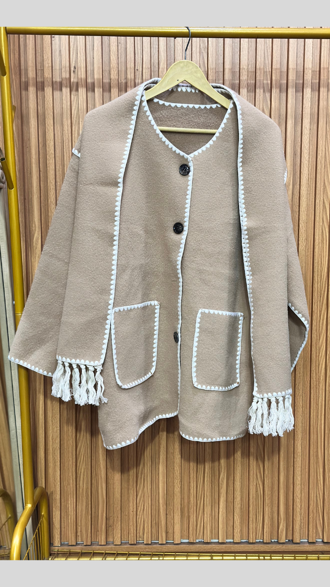 Crochet Border Two Pockets Coat With Scarf FC1992