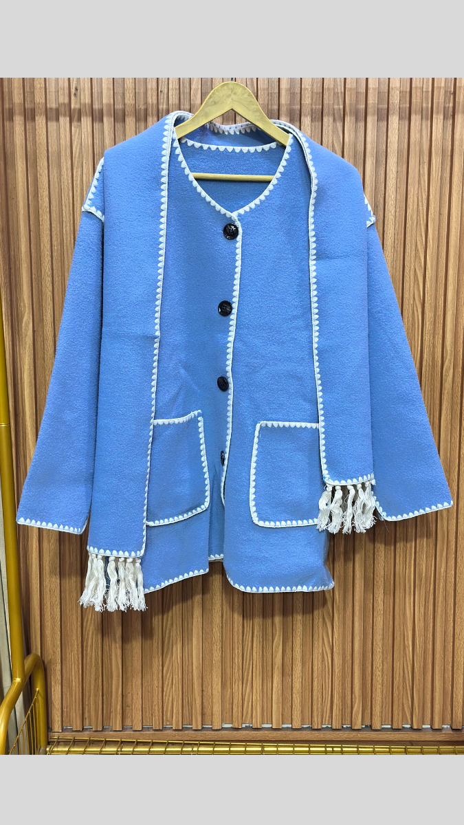 Crochet Border Two Pockets Coat With Scarf FC1992