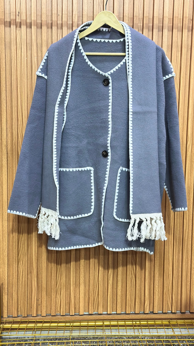 Crochet Border Two Pockets Coat With Scarf FC1992