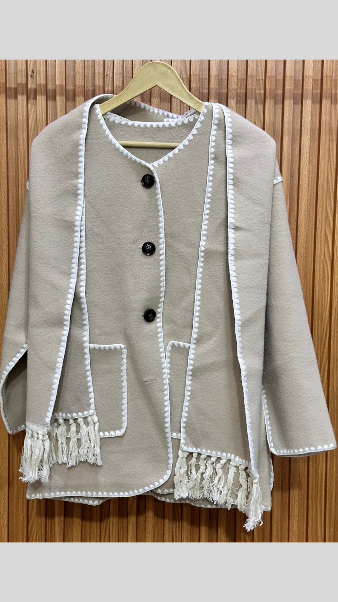 Crochet Border Two Pockets Coat With Scarf FC1992