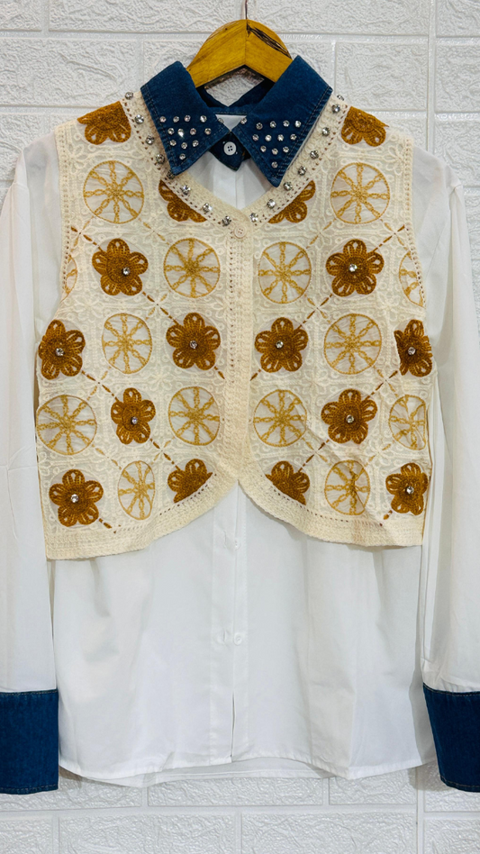 Crochet Crop Jacket With Plain Shirt FC1845