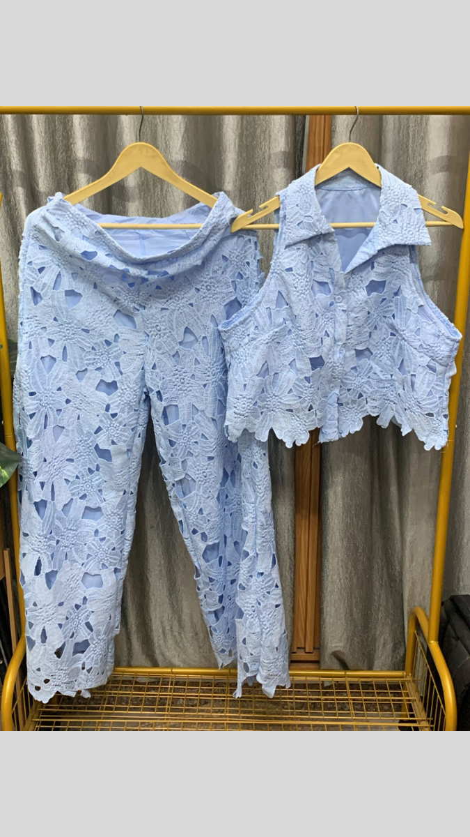 Crochet Pointed Collar Crop Top And Pant Coord Set FC2247
