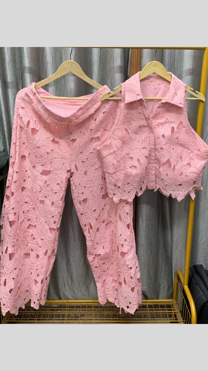 Crochet Pointed Collar Crop Top And Pant Coord Set FC2247