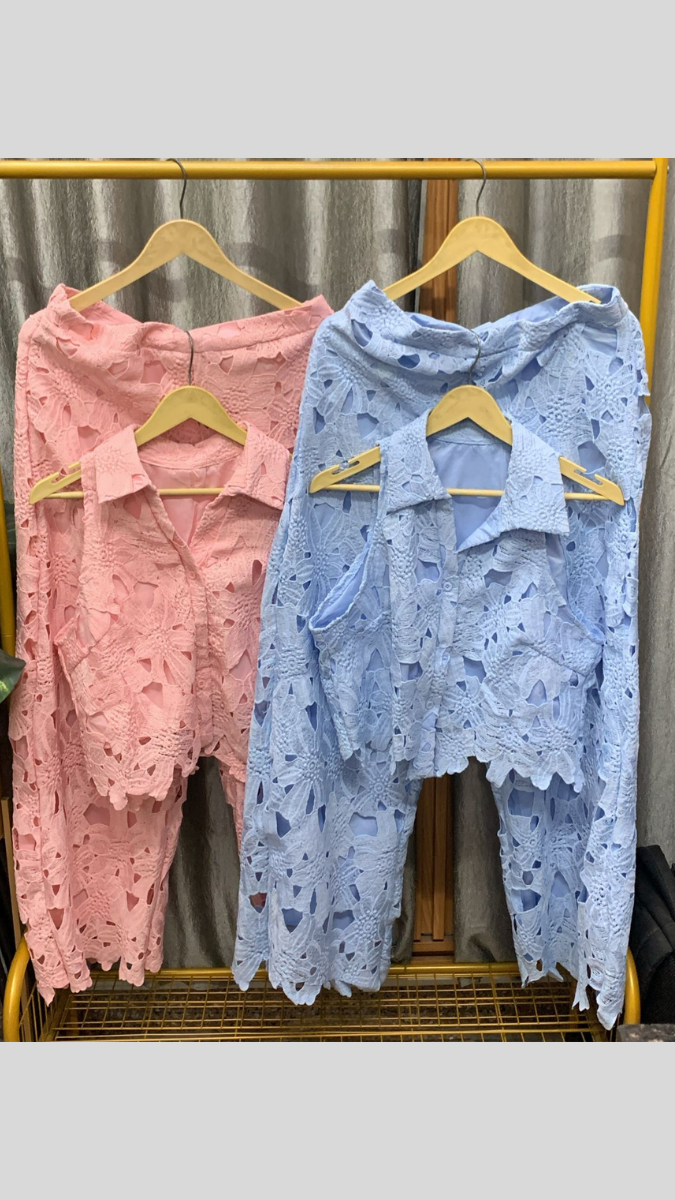 Crochet Pointed Collar Crop Top And Pant Coord Set FC2247